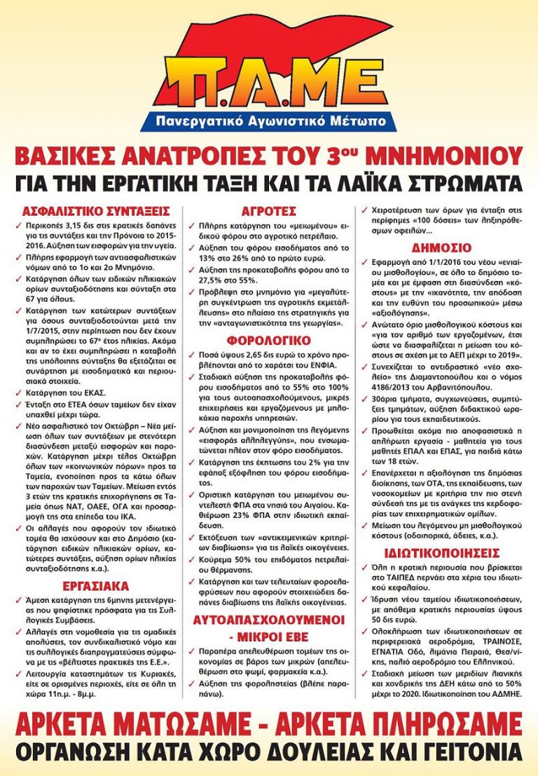 Βασικές ανατροπές 3ου Μνημονίου για την εργατική τάξη και τα λαϊκά στρώματα